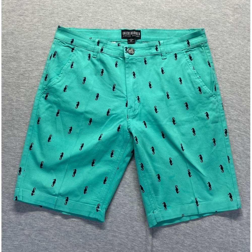 VTG Knickerbocker Flex Chino Shorts Mens 34 Teal All Over Seahorse Print Beach